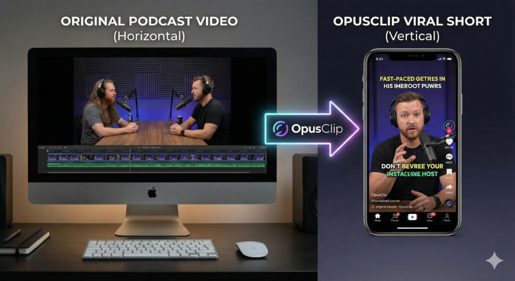 Comparison of horizontal podcast video vs vertical viral clip created by OpusClip.