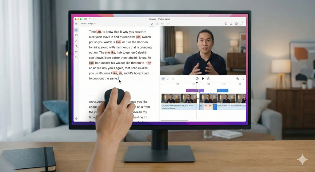 Interface of Descript video editing software showing text-based editing features.