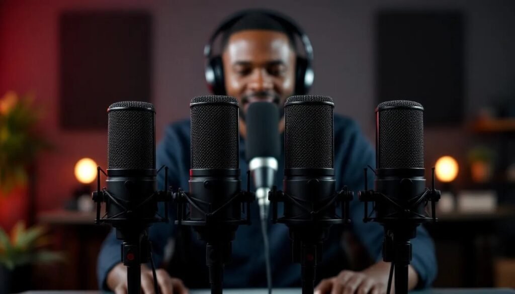Influencer wearing headphones recording new podcast series at home studio for youtube channel. 4 extra microphones focused on in the front