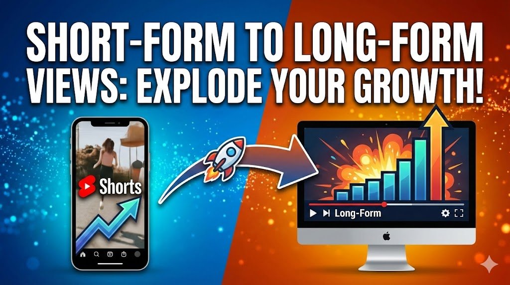 A YouTube thumbnail with a split background, blue on the left and orange on the right. The text reads "SHORT-FORM TO LONG-FORM VIEWS: EXPLODE YOUR GROWTH!" in bold white letters. On the left, a smartphone displays the YouTube Shorts logo with an upward trend line. A cartoon rocket ship flies from the phone toward a desktop monitor on the right. The monitor displays a bar graph shooting rapidly upward with an explosion graphic, representing viral growth on long-form content.