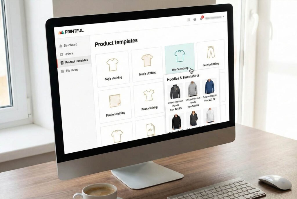 Printful dashboard showing the product template selection screen for hoodies. 