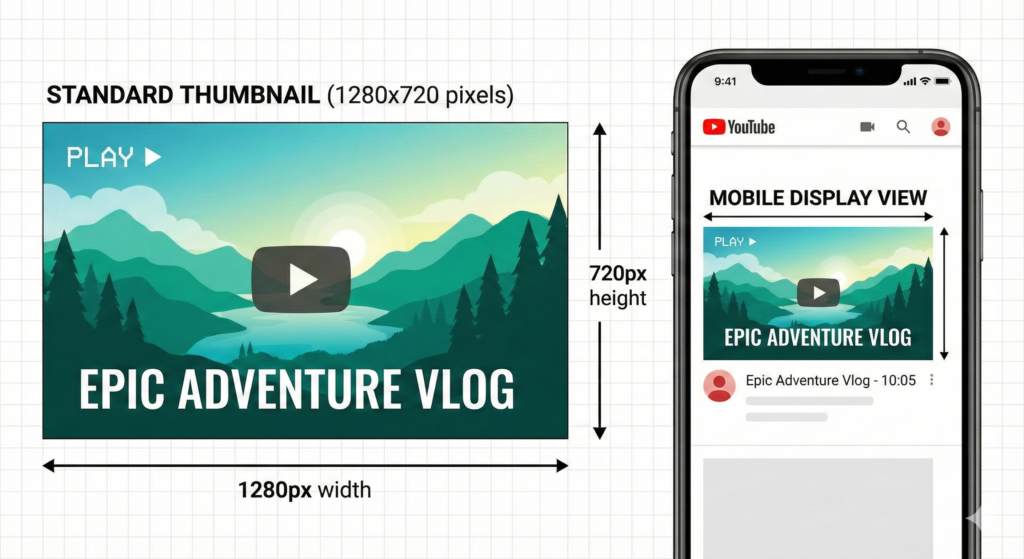 Comparison of YouTube video thumbnail size 1280x720 versus mobile display