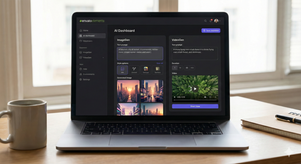 Envato Elements AI dashboard showing ImageGen and VideoGen tools on a laptop screen.