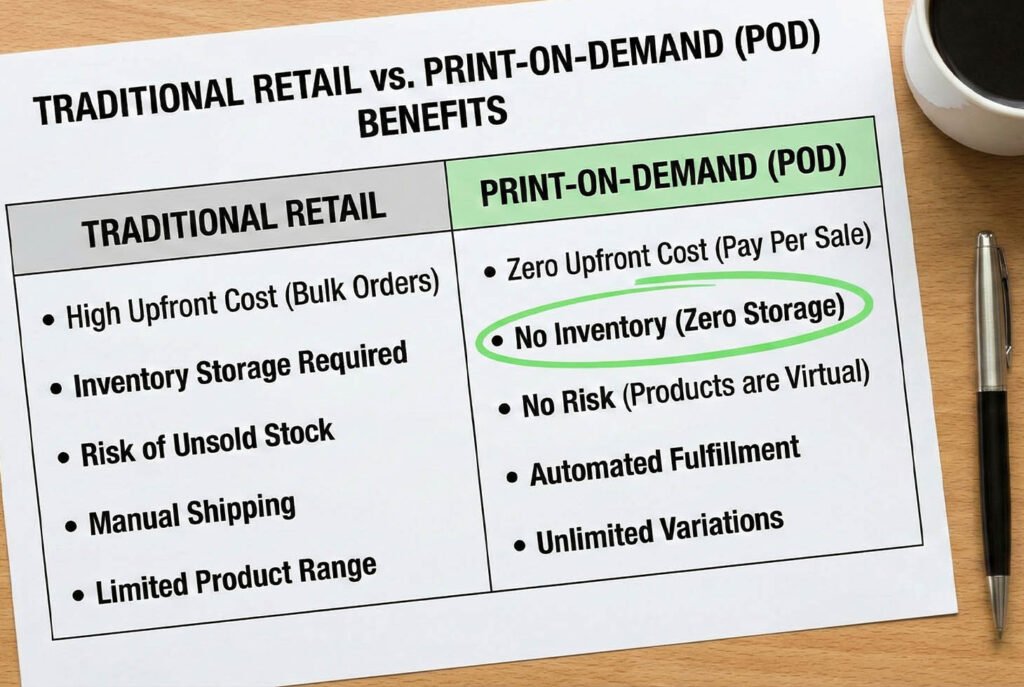 Comparison chart of print-on-demand benefits including zero inventory. 