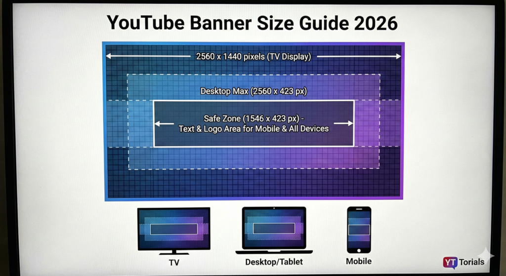 YouTube banner size guide 2026 showing 2560x1440 dimensions and safe zone overlay.