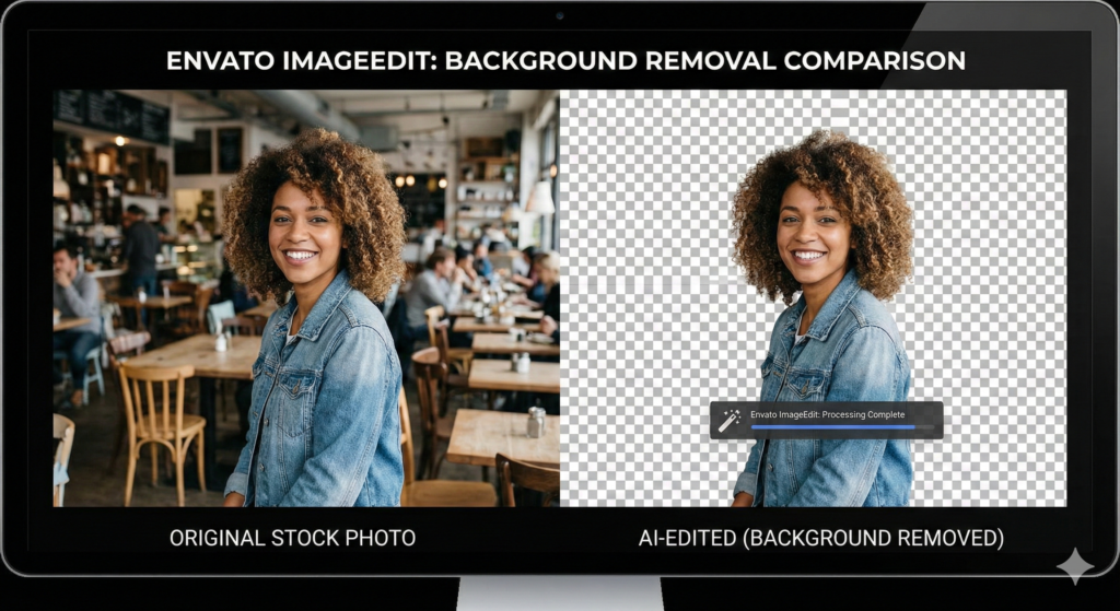 Comparison of original stock photo versus AI-edited photo with background removed using Envato ImageEdit.