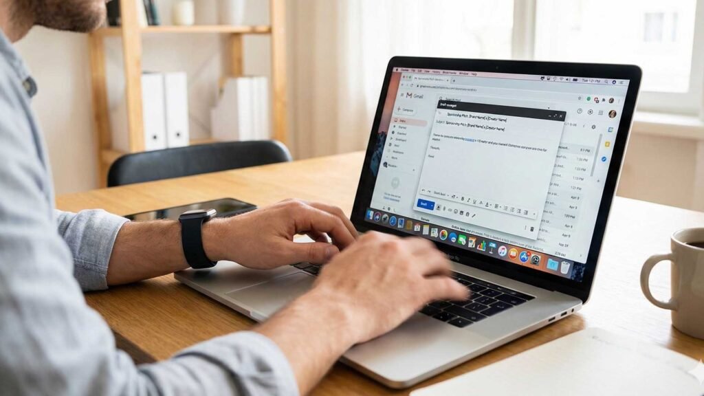 Person typing a sponsorship pitch email on a laptop