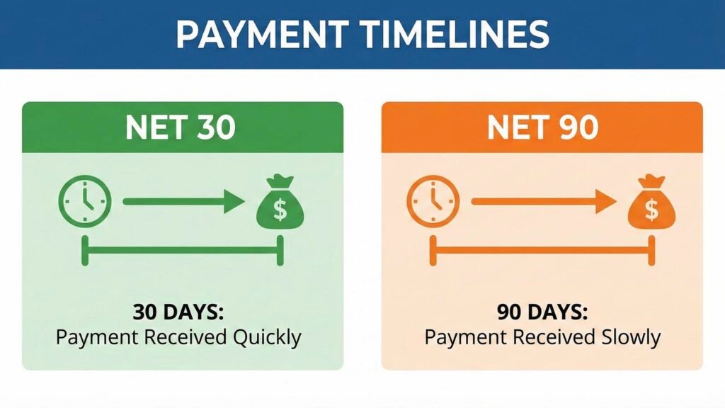 Payment Timeline Comparison: This infographic provides a clear visual comparison between a favorable "Net 30" payment term and a much longer, less desirable "Net 90" term.