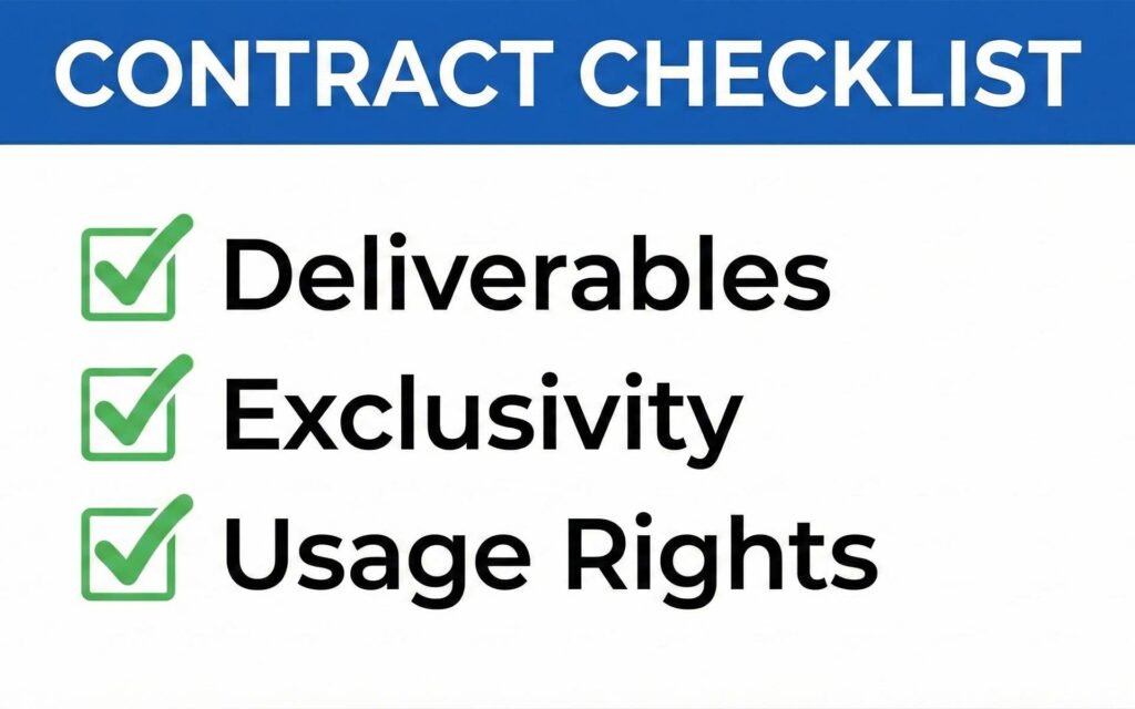 this clean checklist graphic summarizes three essential points every creator should verify in their contracts: Deliverables, Exclusivity, and Usage Rights.