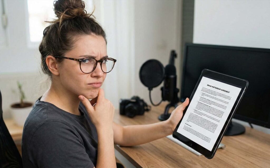 This image humanizes the contract review process, showing a creator looking skeptical and thoughtful while carefully reading a legal agreement.