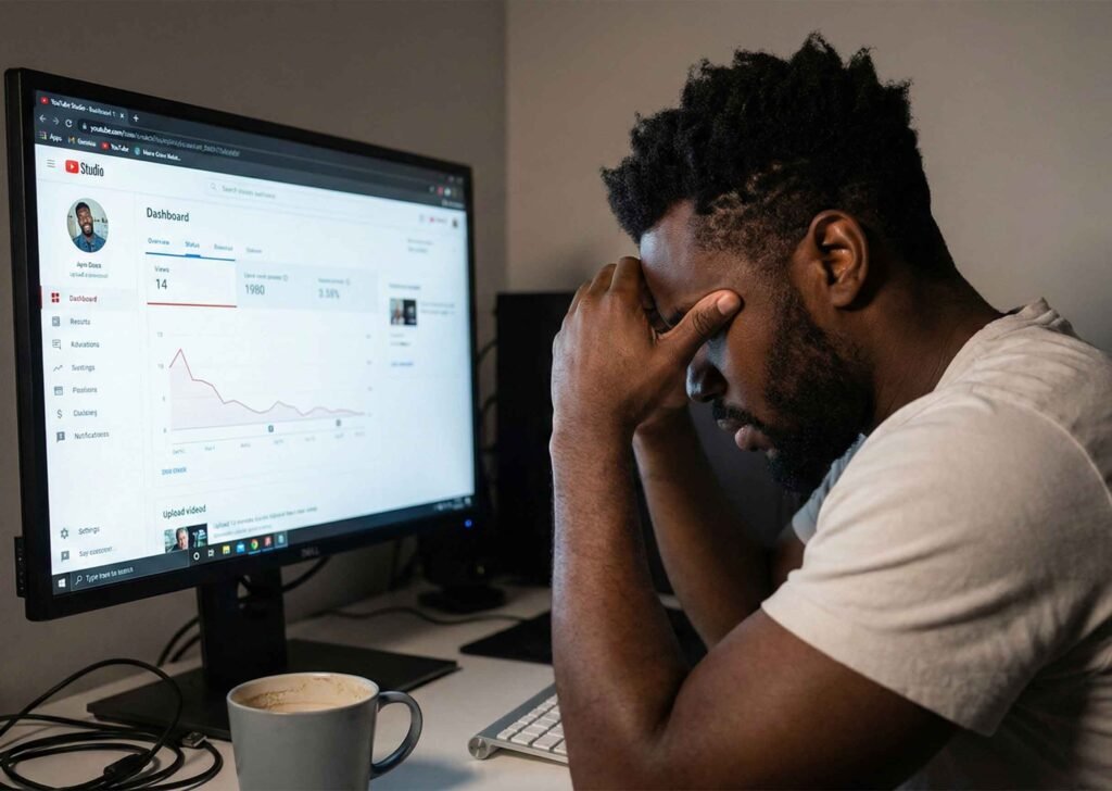A person looking frustrated at a YouTube Studio dashboard with low view counts.