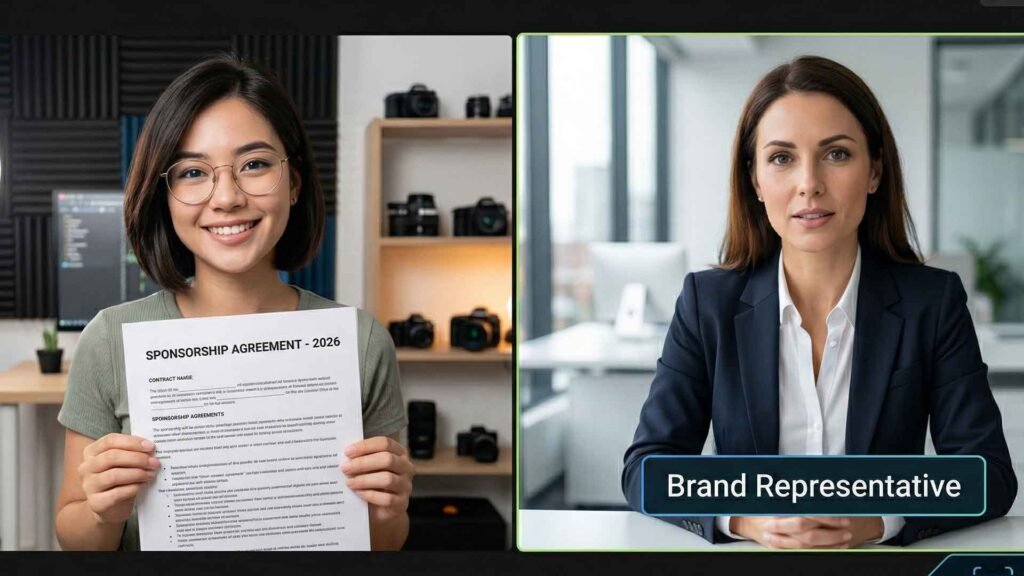 A professional photograph depicting a split-screen Zoom negotiation between a young creator in her studio and a brand rep. Crucially, the '2026' date is visible on the contract document being discussed.