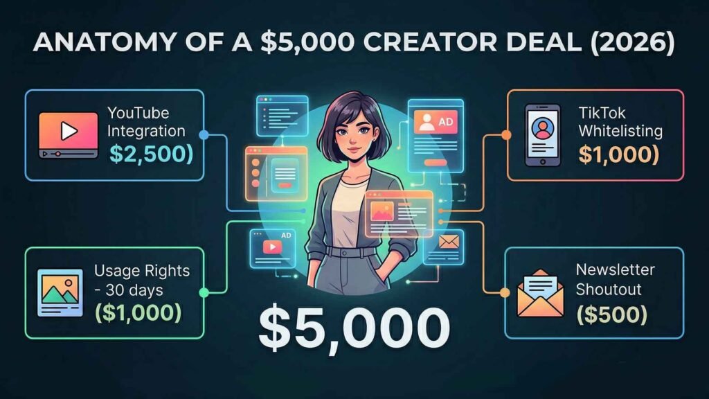 An infographic that breaks down the specific components of the high-value 'Case Study' deal from the blog post, showing exactly how YouTube, TikTok, Usage Rights, and a Newsletter created a $5,000 package.