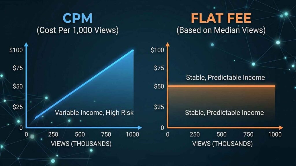 An educational graph infographic visually contrasting the two main monetization models discussed. The 'CPM' model shows variable, rising income, while the 'Flat Fee' model shows stable, predictable income based on median views.