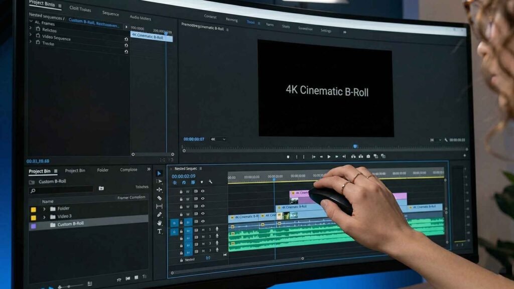 Close-up of Sarah's hand (from Image 1, matching rings) dragging a cinematic 4K video clip from a folder labeled "Custom B-Roll" [Image 7.png] into a complex video editor timeline (Premiere Pro update) filled with multi-layered audio, video, and effects. Clear futuristic UI.