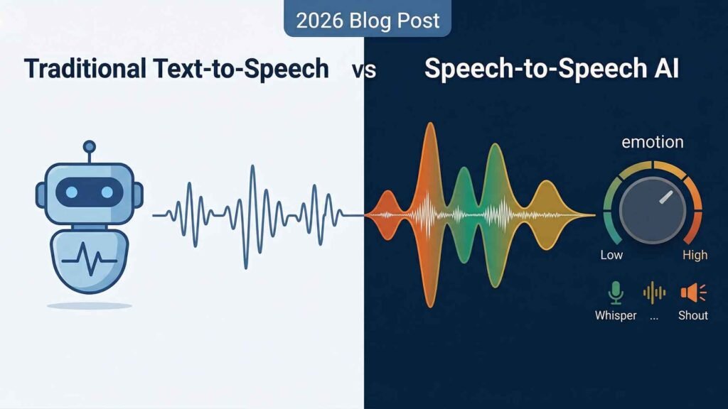 An Infographic comparison of traditional text-to-speech (robotic pulse, flat waveform) versus Speech-to-Speech AI (colorful human voice waveform, emotion dial set to high)