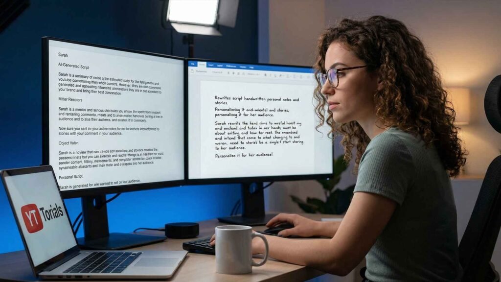 YouTube creator, is focused in her modern studio, reviewing plain text (AI script) on her left monitor while actively rewriting and personalizing the script on her right monitor with detailed notes and stories.