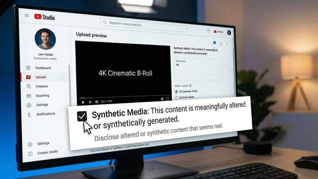 Close-up of the specific 2026 YouTube Studio upload page in dark mode [Image 8.png]. A mouse cursor is hovering and ticking the required checkbox clearly labeled: "Synthetic Media: This content is meaningfully altered or synthetically generated." Disclose altered or synthetic content.