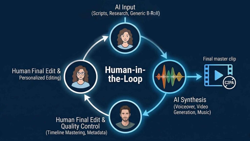 A circular vector diagram of the Human-in-the-Loop (HITL) system [Image 9.png]. Steps: [AI Content Generation] -> [Human Review & Personalization (with Sarah icon practicing editing)] -> [AI Synthesis (Voice/Video)] -> [Human Final Polish]. Uses brand colors.